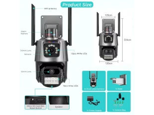 Двойна външна въртяща WiFi AI камера 8MP с два обектива, ICSee, Черна Двойна външна въртяща WiFi AI камера 8MP с два обектива, ICSee, Черна