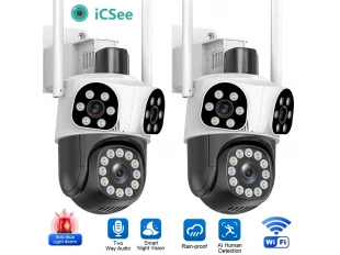 2бр. Тройна външна въртяща WiFi AI камера 12MP с три обектива и  10x ZOOM, ICSee, Бяла