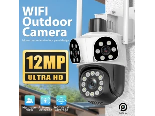 Тройна външна въртяща WiFi AI камера 12MP с три обектива и  10x ZOOM, ICSee, Бяла Тройна външна въртяща WiFi AI камера 12MP с три обектива и  10x ZOOM, ICSee, Бяла