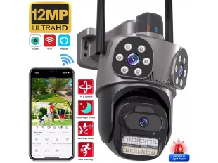Тройна външна въртяща WiFi AI камера 10MP с три обектива, ICSee, Черна Тройна външна въртяща WiFi AI камера 10MP с три обектива, ICSee, Черна