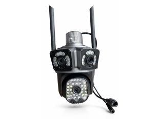 Тройна външна въртяща WiFi AI камера 12MP с три обектива и 50 диода, ICSee, Черна