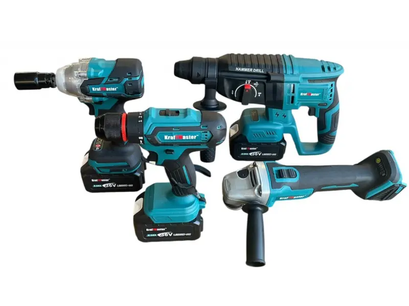 Комплект от акумулаторен перфоратор, ъглошлайф, гайковерт и винтоверт KrafMaster 36V с 3 броя батерии 8Ah и зарядно - KraftMaster 1735-4